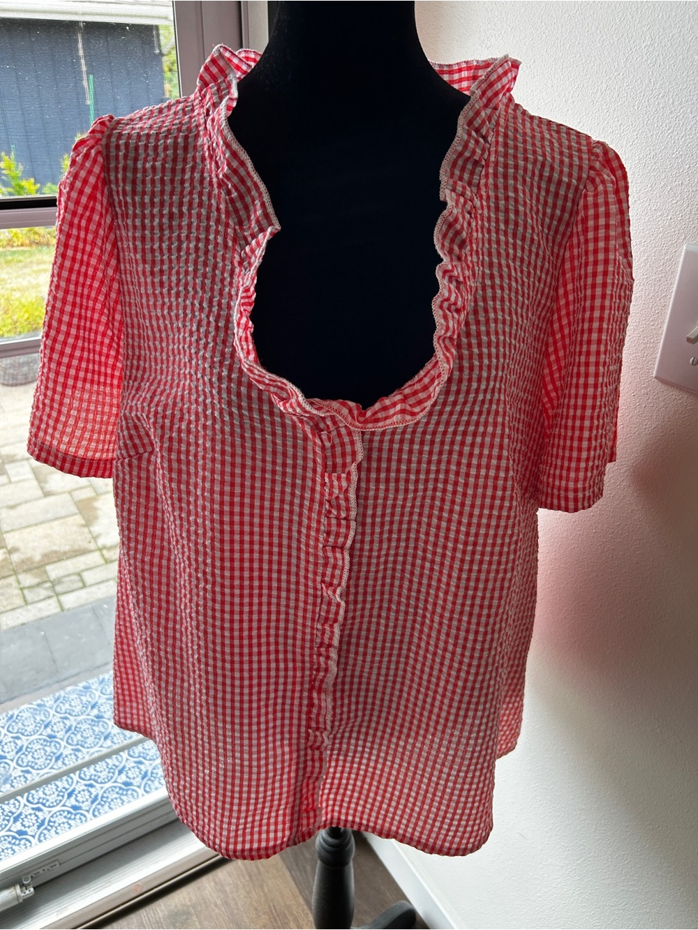 SHEIN Red Gingham Ruffle-Trim Short Sleeve Blouse
